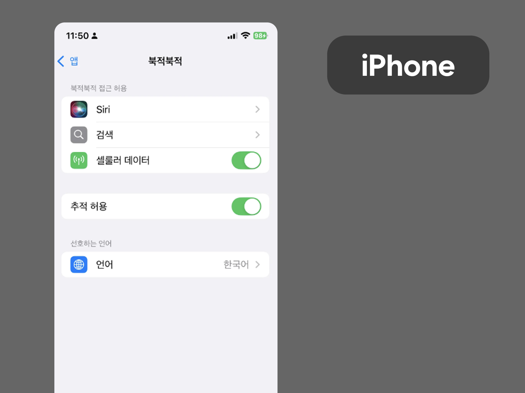 iPhone 언어 설정 화면